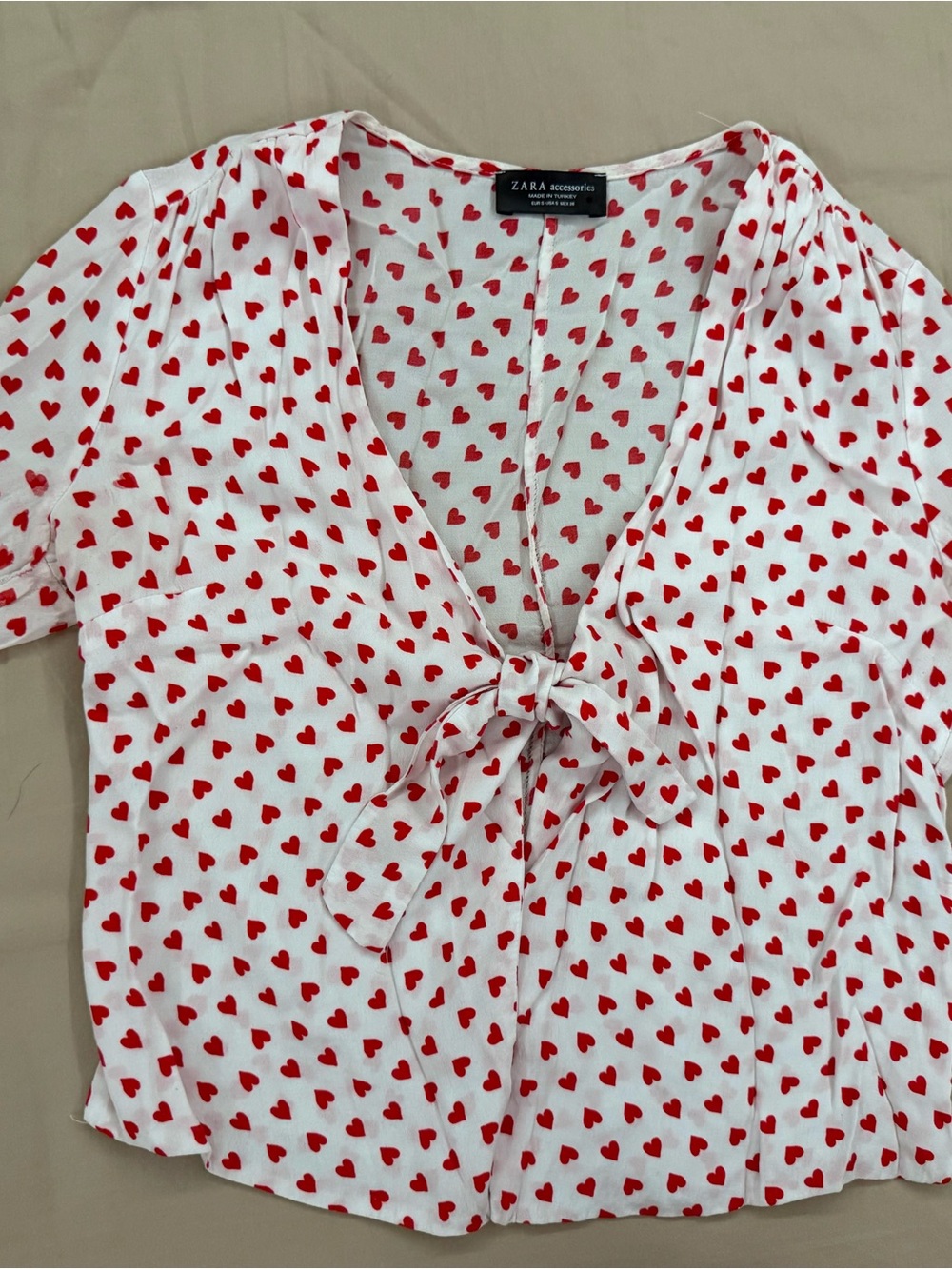 Zara Red Heart Print Ruffle Sleeve Tie Front Top